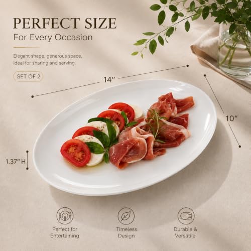 White Serving Platters Set of 2, 14 Inch Oval Porcelain Serving Platters, Serving Plates for Party, Entertaining, Appetizers, Cheese, Dessert and Food Display - size: 14 inch