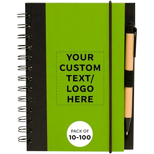 DISCOUNT PROMOS Custom Eco Block Notebooks with Pens Set of 10/50/100, Personalized Bulk Pack - Perfect for School, Office, Business, Home - Lime Green - color: - Custom - Lime Green, size: 10/50/100 notebooks