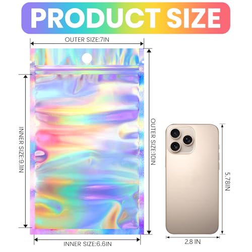 Funfery 100pcs Mylar Holographic Bags-Resealable Zipper&Clear Window - color: Holographic, size: 7 x 10 Inch