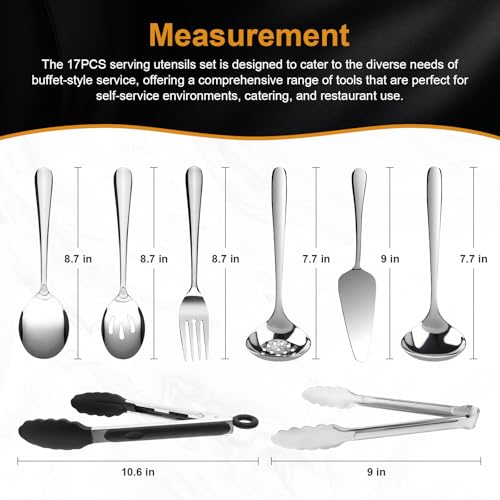 17PCS Serving Spoons and Utensils Set, Stainless Steel Serveware Silver - color: Silver