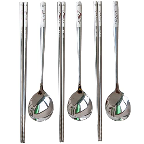 Reusable Chopstick and Spoon Set, Korean Long Handle Stainless Steel Spoon and Chopsticks Set, Dishwasher Safe Metal Chop sticks, Set of 3. (Multi-patterned)