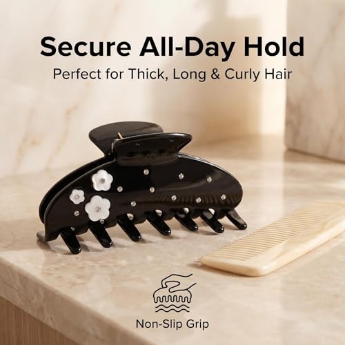 Black Hair Claw Clip with Flowers, 4 Inch Large Hair Clips for Women - color: Black