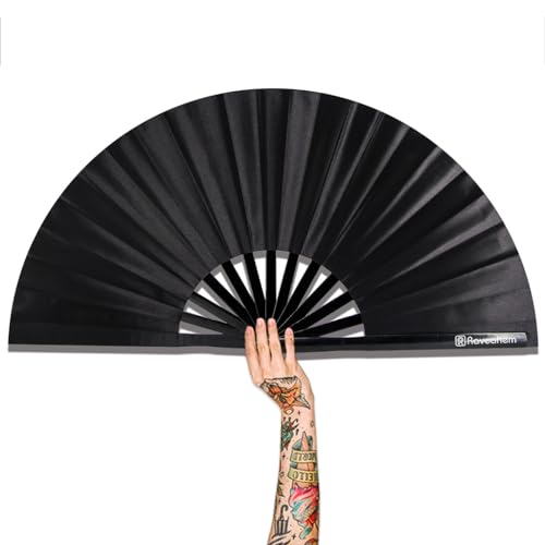 13" Large Rave Fan Bamboo, Folding Clack Hand Fans Foldable for Men Women, Poping Fan for EDM Festival Line Dance Decoration, (Black2, Large 13") - color: Black2, size: Large 13"