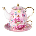 KAMMAK Tea for One Set, Ceramic Teapot, Bone China Tea Set, Cup and Saucer - color: Pink-GH9