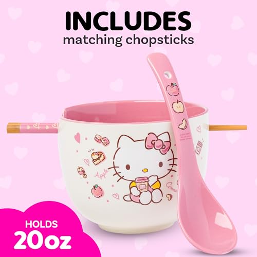 Silver Buffalo Sanrio Hello Kitty, Ceramic Ramen Bowl with Chopsticks, 20oz - color: Hello Kitty Apples and Cinnamon, size: 20 Ounces (With Spoon)