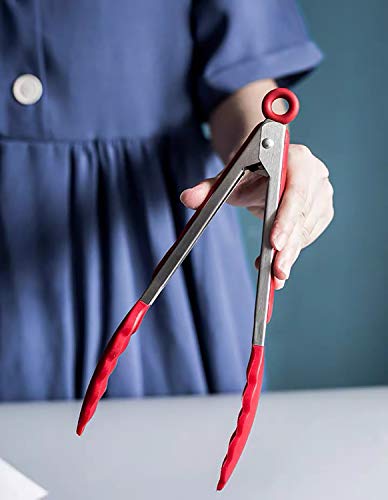 HINMAY 9" Kitchen Tongs with Silicone tips, Set of 3 (Red Blue Green) - color: Red Blue Green