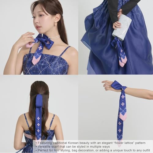 Daenggi Modern Hanbok Floral Hair Ribbon Scarf, Versatile Wrap - color: Blue