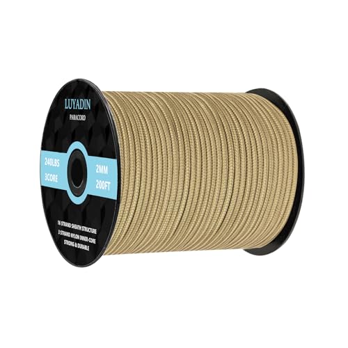 Paracord 240lb - Diameter 2mm Micro Utility Cord -3 Strand Parachute Spool Cord - 100ft 200ft,Paracord for Camping,Hiking,Fishing,Outdoor and DIY - color: Khaki, size: 200 ft