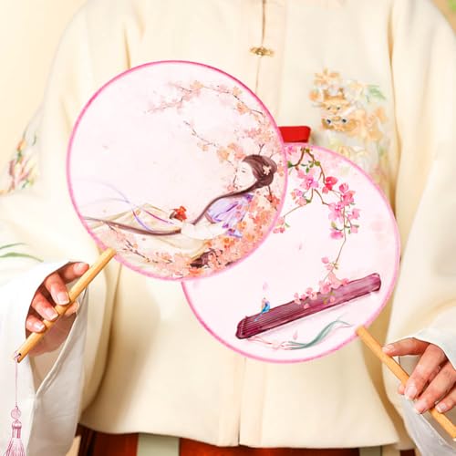 BAOZOON 2 Pcs Silky Translucent Ancient Round Fan Classic Silk Hand Held Fan Floral Pattern Palace Paddle Dance Fan with Tassel Wooden Handle Wedding Favor Gift Home Decor(Color#8) - color: Color#8