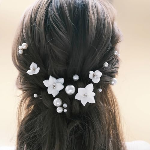 Handmade Pearl Bridal Wedding Hair Pins 13Pcs White Flowers Pearls Clips Wedding Hair Accessories for Women Brides Bridesmaid - color: Set-A-Bronze
