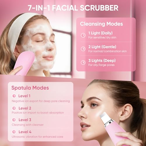 Silicone Face Scrubber Blackhead Scraper Rechargeable 2-in-1 Facial Cleansing Brush & Skin Spatula Duo, IPX7 Waterproof Exfoliating Massager Deep Cleansing for Women and Men(Light Pink) - color: Light Pink