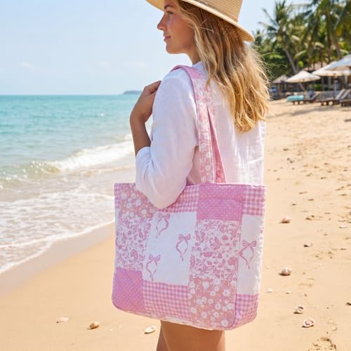 Aliceset Quilted Patchwork Tote Bag for Women Cotton Shoulder Bag Back to School Gift Farmhome Rustic Handbag Commuting Beach - style: Pink Bow
