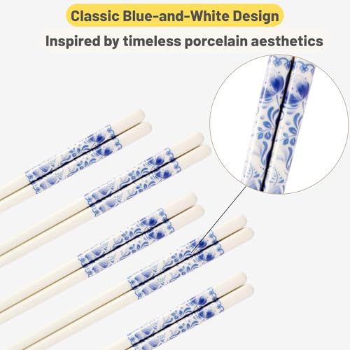 Porcelain Chopsticks Set of 5 Pairs, Reusable Bone Ceramic Chopsticks, Dishwasher Safe, Non-Slip Design, Elegant Gift Box for Family or Restaurant Use (Camellia) - color: Camellia