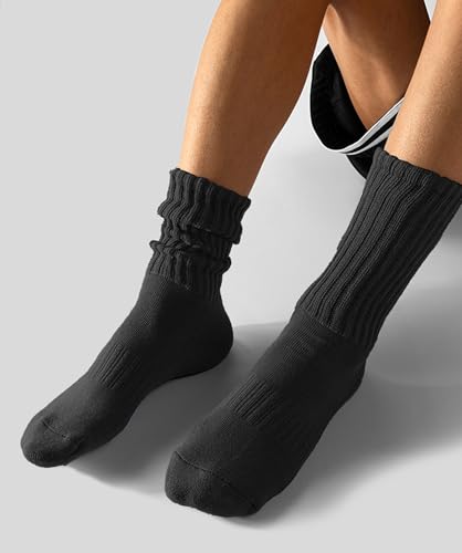 AugRing Women's Scrunch Crew Socks Retro 3-Pack Solid Cotton Boot Calf Chunky Ribbed Cozy Slouchy Socks Size 5-11 - color: 3 Pack White/Black/Brown