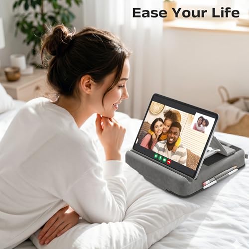 Tablet Pillow Stand, Multi-Angle Foldable iPad Holder for Bed, Sofa, Desk, Lap, Soft Pad Dock with Storage Pocket & Stylus Mount, for 4.7-13" Devices iPad,iPhone,E-Reader,Books (Grey) - color: Grey