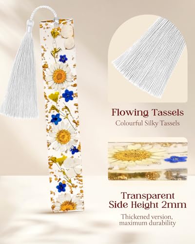 Buleens 2PCS Bookmarks for Women - Yellow Book Marks for Readers Book Lovers, Personalized Handmade Dried Flower Resin Bookmark with Tassels, Pretty and Aesthetic - color: Pink Purple