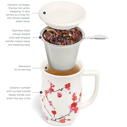 Tea Forte Ceramic Fiore Tea Cup with Infuser, Sakura, 14 oz - color: Sakura