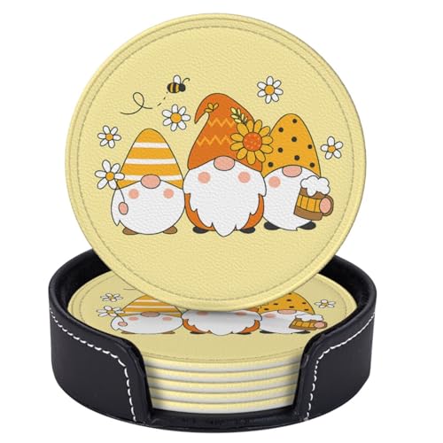 6 Pcs Leather Coasters for Drinks with Holder Sunflower Cute Bee Gnomes Coaster Sets Drink Table Cup Coasters for Kitchen Coffee Decor - color: Sunflower Bee Gnomes