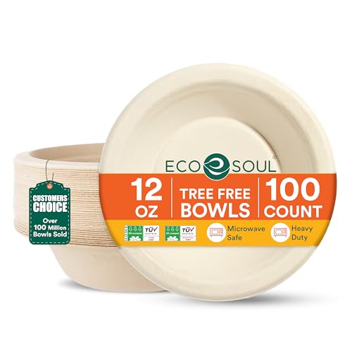ECO SOUL 12 Oz Disposable Bagasse Paper Bowls, (100 Pack, Natural) - color: Natural