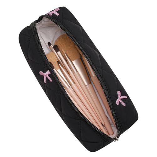Cute Floral Cotton Makeup Brush Cosmetic Bag for Women, Travel Quilted Zipper Make Up Bag, Flowers Toiletry Organizer Case Kawaii Makeup Cosmetic Travel Cloth Pouch (Black) - color: 13 Black