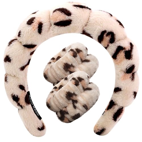 Tetizo Spa Headbands for Washing Face Wristband Set Sponge Makeup Skincare Headband Wrist Towels Bubble Soft Terry Towel Cloth Hairband for Women Puffy Headwear Non Slip Thick Thin Hair Headwear - color: Leopard Khaki