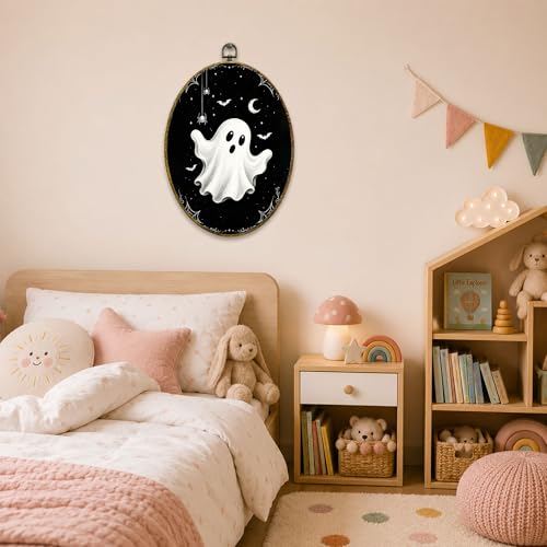 Black White Ghost Oval Wall Art, Framed Canvas Decor, 8.5x11.5 Inch - color: Simple Ghost Bat Spider Black