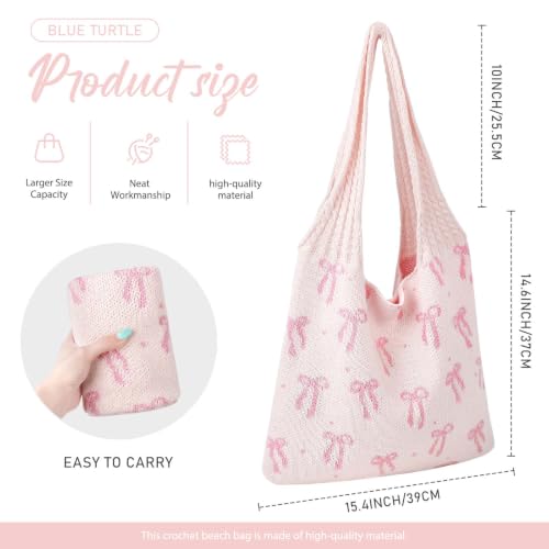 hatisan Crochet Bag for Women, Handmade Knit Beach Tote Bag Summer - color: Pink Bows