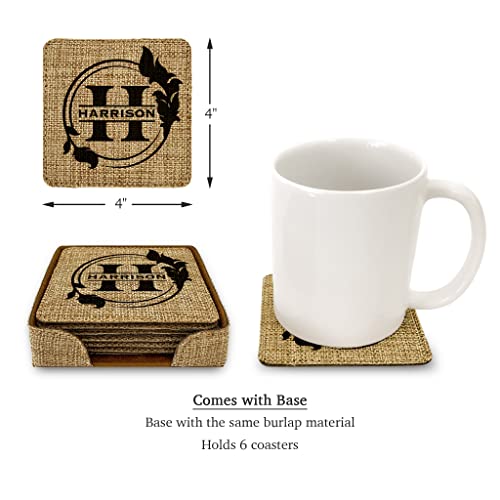 Smile Art Design Family CUSTOM Monogram COASTER Set of 6 with base Square Burlap Material Family Name and Date Personalized Prints Personalized Gifts House warming Wedding Gift Rustic Decor Style1 - color: Style 01, size: Set of 6 - Square Coaster