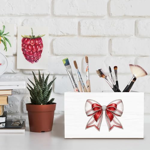 Coquette Baseball Bow Pen Holder for Desk, Baseball Lover Player Fan Gifts Pencil Organizer, Glitter Bow Sports Wooden Box Sign Desk Decor for Girls Dorm Home Office Decoration - color: Baseball Bow