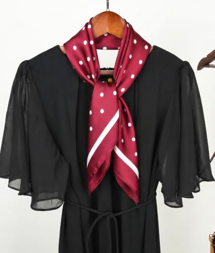 corciova Women’s Square Scarf 27.5 in (70 x 70 cm), Satin-Feel Polyester, Lightweight Fashion Scarf for Hair, Neck and Bag - color: Polka Dot (Deep Red / White)