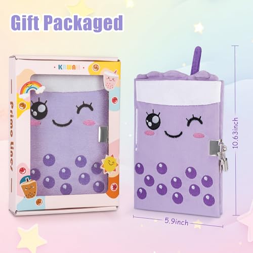 All In One Gift Kit for Girls – Back to School Supplies, Lock and Key Plush Journal Stationery Set with 53 Stickers, 1 Bracelet, 1 Coin Purse, 4 Straws and 3 Sticky Notes, Journaling Kit for Kids, Tweens & Teens (Purple Boba) - color: Purple
