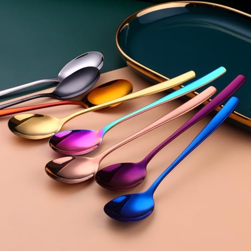 Metal Round Spoons, 8 inch Stainless Steel Reusable Long Handle Korean Soup Spoons, Table Dinner Desert Spoon Set of 8 (Purple) - size: Purple