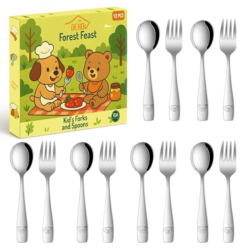 DEHOV Toddler Eating Utensils Set,Set Of 12 Food Grade Stainless Steel Silverware Sets For Kids,Dishwasher Safe Children Small Metal Spoons And Forks Flatware Sets - color: Silver