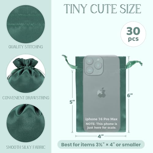 30Pcs Small Satin Gift Bags, 4x6 Green Cloth Drawstring Pouch - color: Green, size: 4×6 in