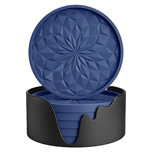 ME.FAN Silicone Coasters with Holder,[6 Pack] Drinking Coasters - Cup Mat for Hot or Cold Drinks, Thickened, Non-Slip, Non-stick,Deep Tray Navy Blue - color: Navy Blue
