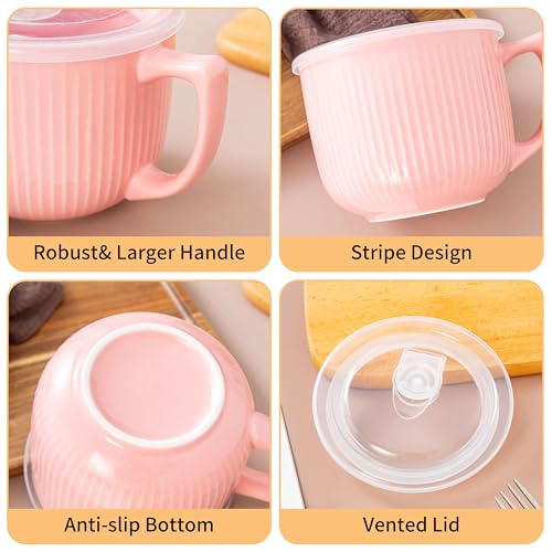 Ceramic Soup Bowl with Handle & Lid, Large 32oz Microwave Ramen Bowl Pink - color: Pink-32, size: 32 OZ