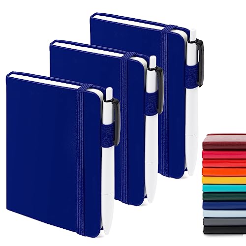 feela 3 Pack Pocket Notebook Journals with 3 Black Pens, A6 Mini Cute Small Journal Notebook Bulk Hardcover College Ruled Notepad with Pen Holder for Office School Supplies, 3.5”x 5.5”, Navy - color: A6 3 Navy