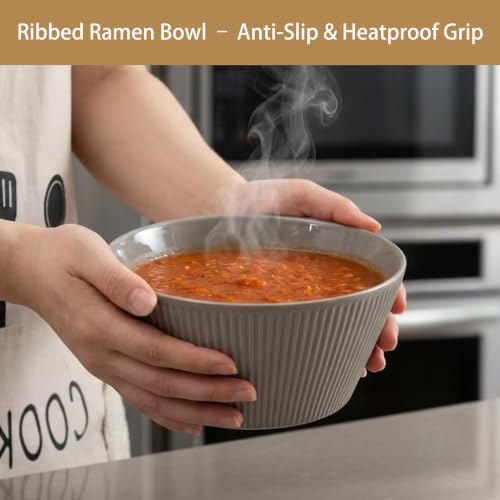 Ceramic Ramen Bowls, 7Inch Soup Bowls, 40OZ, Beige&Grey, Set of 4