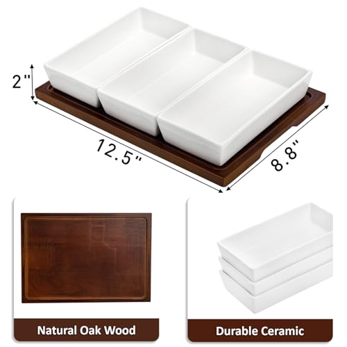 Elsjoy 3-Section Serving Tray, Wood Divided Serving Dish with Ceramic Bowls, 3-Compartment Food Platter Dipping Tray for Appetizer, Fruits, Bread
