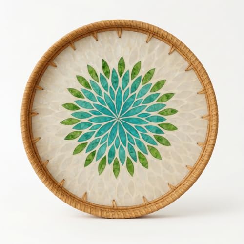 Round Rattan Tray with Mother of Pearl Inlay (12 Inches) | Decorative Round Serving Tray with Wooden Base | Coffee Table Decor | Natural Wicker Trays for Centerpiece, Ottoman, Kitchen & Home Decor