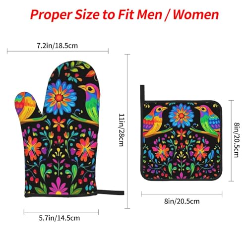 4 Pcs Mexican Flower Oven Mitts and Potholders,Kitchen Oven Glove with Pot Holders,Non-Slip Gloves High Heat Resistant 500 Degree for BBQ, Grill, Baking, Cooking, Oven, Microwave