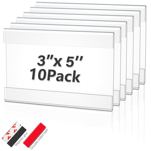 3X5 Inch Clear Acrylic Sign Holder – Reusable Adhesive & Magnetic Strip Included – Peel & Stick Wall/Tabletop Display for Menus, Labels, Signage (10 Pack) - size: 3x5 inch