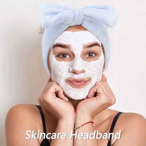 VELSCRUN Spa Headbands for Wash Face, Makeup Headband, Facial Skincare Headbands, 5 Pcs Blue Puffy Sponge Spa Headband Bow Tie Hair Band Hair Clips Wristband Set Women Girls Accessories - color: Blue