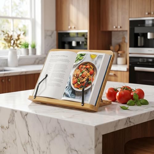 Adjustable Cookbook Stand for Your Kitchen Counter - Solid Wood, Fits iPad