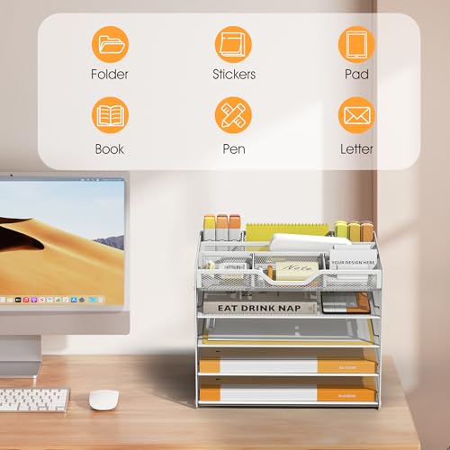 5 Tier Paper Letter Tray Desk Organizer with Pen Holders - White - color: 5 Tier-White, size: 12.5" x 9.1" x 10.3"
