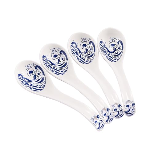 Hagary Ceramic Spoon Soup Spoons Asian Soup Spoon Chinese Korean Japanese Ramen Spoons Set of 4 with Hole 6.2 Inch (Blue - Wave) - color: Blue - Wave