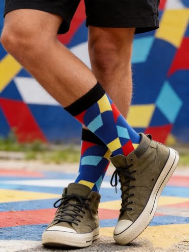 Colorful Funny Novelty Dress Socks for Men Women Teens Fathers Day Casual Fun Crazy Funky Graphic Crew Socks - color: -5 Pairs - Aa Geometric Style - Striped Semicircle Triangle Diamond V-shape Pattern Socks, size: 6-12