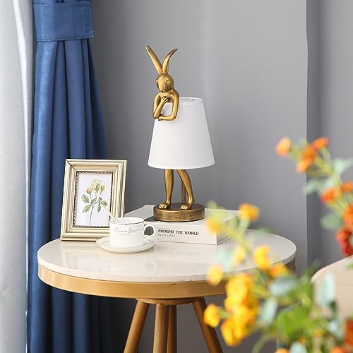 NorDiem LED Bunny Table Lamp, Resin Animal Rabbit Desk Light with Linen Shade, 15.7 Inch Decorative Lamp for Bedroom, Office & Kids Room (15.7" White Shade) - color: 15.7" White Shade