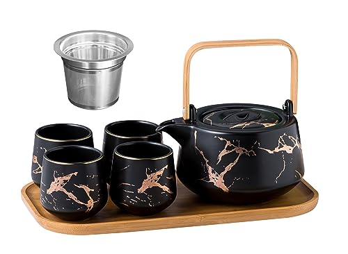 Serve of 4-Marble Porcelain Teapot Set with Infuser for Loose Tea, Black - color: Black