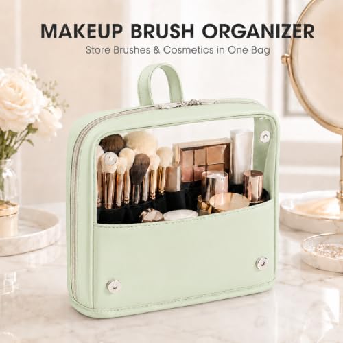 YDR Standing Makeup Brush Bag - Clear Portable Travel Cosmetic Pouch, Large Capacity Foldable Makeup Brush Holder, Water-Resistant Professional Makeup Tool Case for Women & Artists (Light Green) - color: Light Green